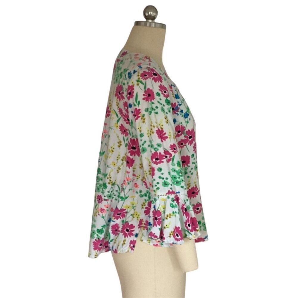 Crown & Ivy Petite Floral Bell Sleeve Blouse V-Neck Multicolor PS - Picture 5 of 8